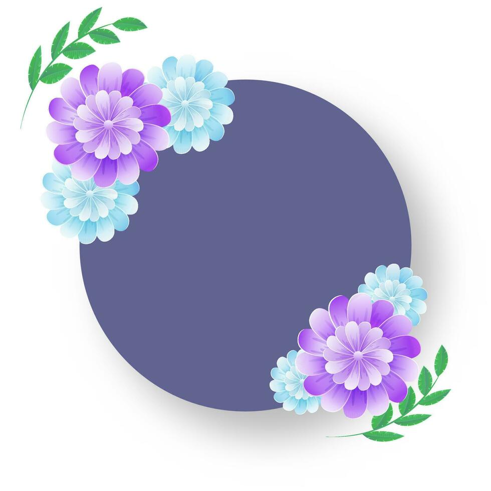 Empty Circular Frame With Glossy Flowers And Green Leaves On White Background. vector