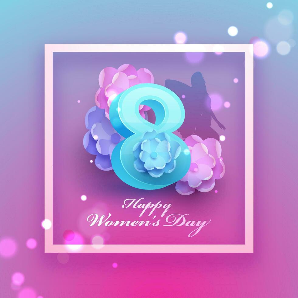 3d 8 número con flores, silueta hembra ángel en azul y rosado bokeh antecedentes para contento De las mujeres día concepto. vector