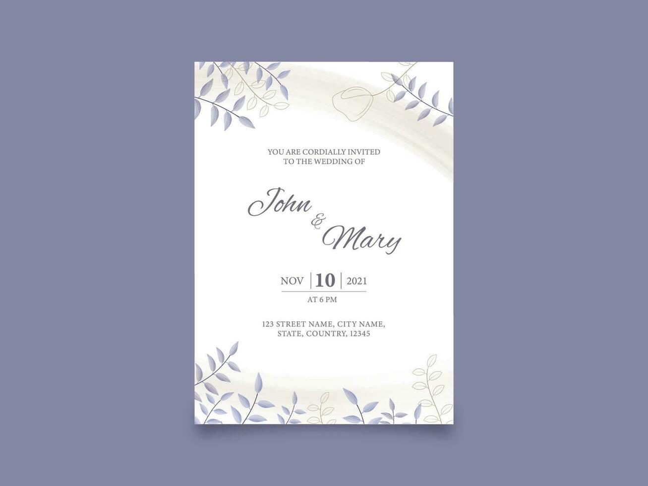 Boda invitación modelo diseño decorado con hojas en blanco color. vector