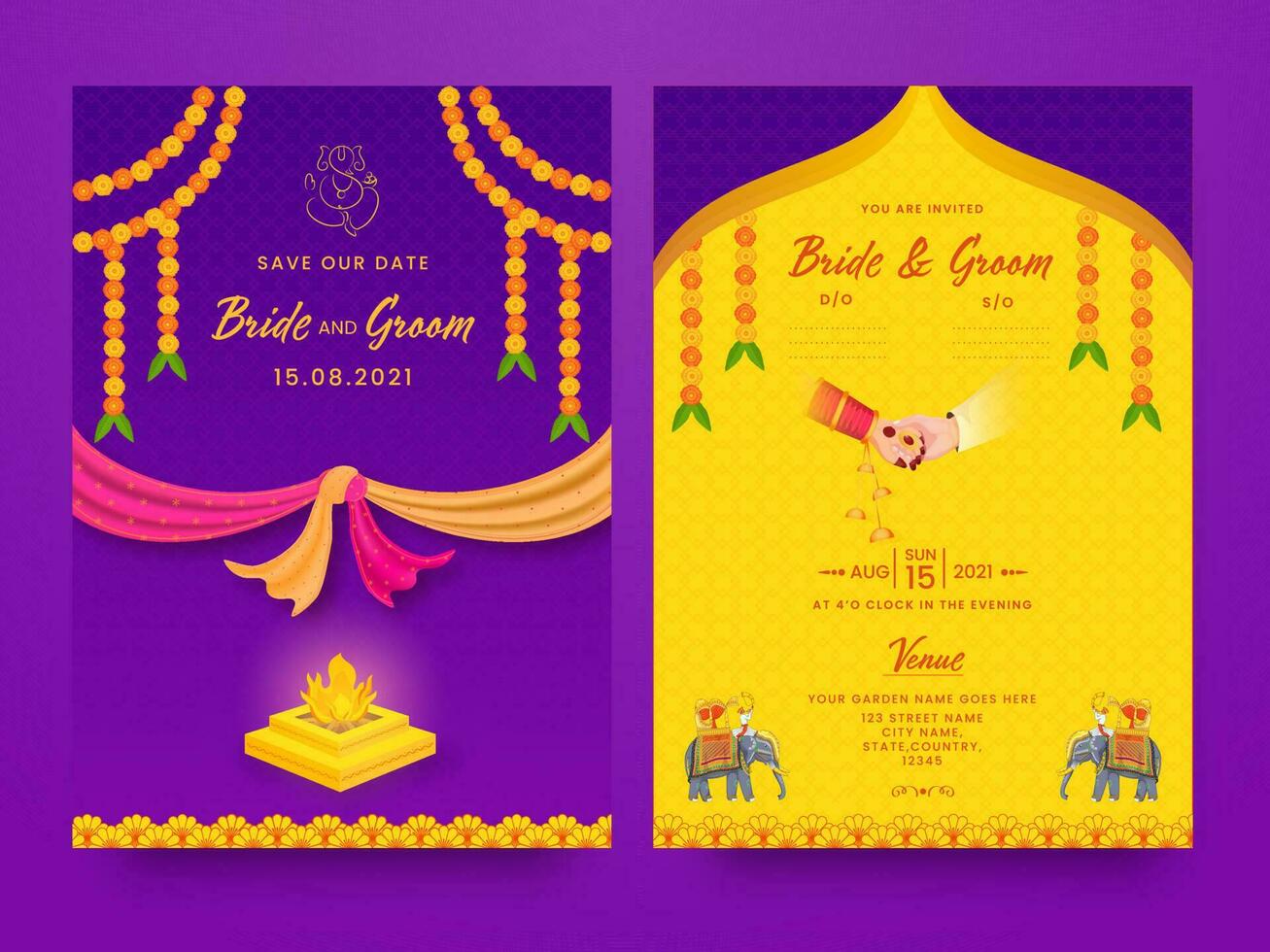 Indian Wedding Card Template Layout With Fire Pit On Purple Background. vector