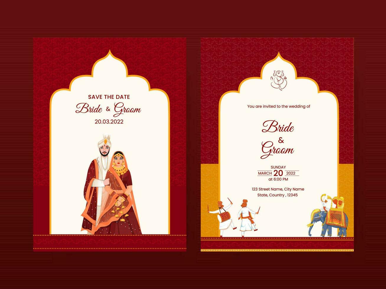 Wedding Invitation Card Template Layout With Indian Couple Character In Traditional Attire. vector