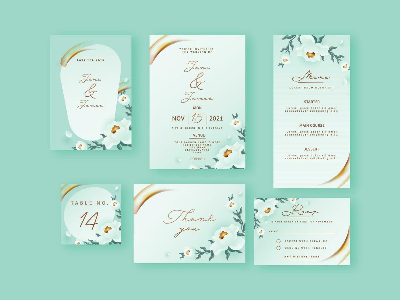 Floral Wedding Invitation, Menu, Save The Date, Table Number, Kindly Reply Or RSVP And Thank You Card On Green Background. vector