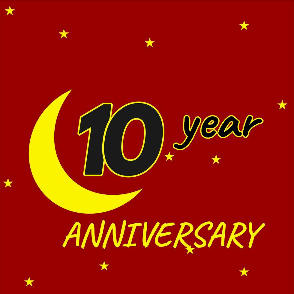 10 years anniversary logo template. 10th anniversary, for wedding anniversary icon. Simple and cool symbol image, red background dotted with stars vector