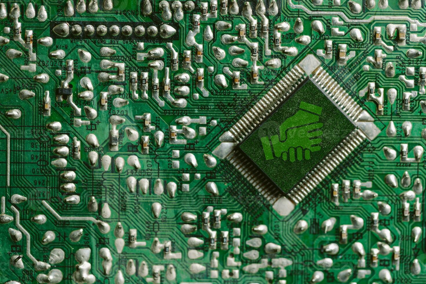 Environment green technology computer chip. Green world icon on circuit board technology innovations. Concept of green technology. Green Computing, Green Technology, Green IT, CSR, and IT ethics. photo