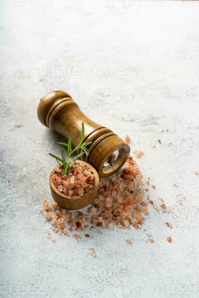 Himalayan pink salt is herb seasoning from himalaya and isolated on white abstract background with copy space photo