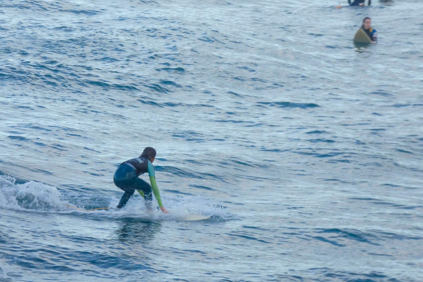 Surfers riding small ocean waves photo