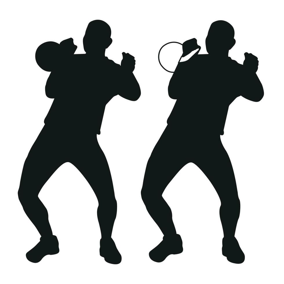 Set silhouettes athletes weight lifter lift kettlebell, weights. Weight lifting. Pull, push, bench press vector