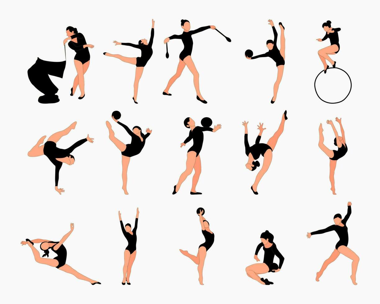 Set of silhouettes of gymnasts. Sport artistic gymnastics. Sports queen. Flat style. Isolated vector