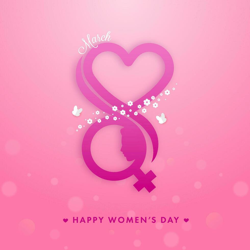 corazón forma 8 número con hembra género firmar, flores y papel mariposas en rosado antecedentes para contento De las mujeres día. vector