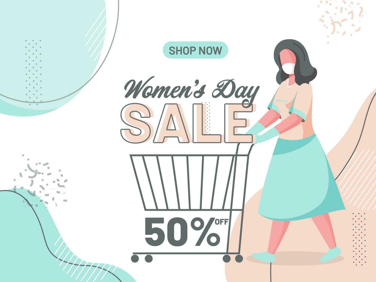 Happy Womens Day Sale Post With Adult Girl Holding Shopping Cart Wearing A Face Mask. vector