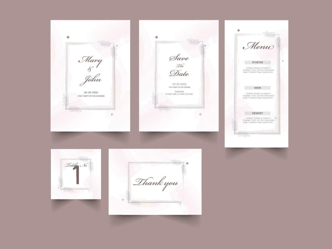 Boda invitación suite modelo diseño en blanco y rosado color. vector