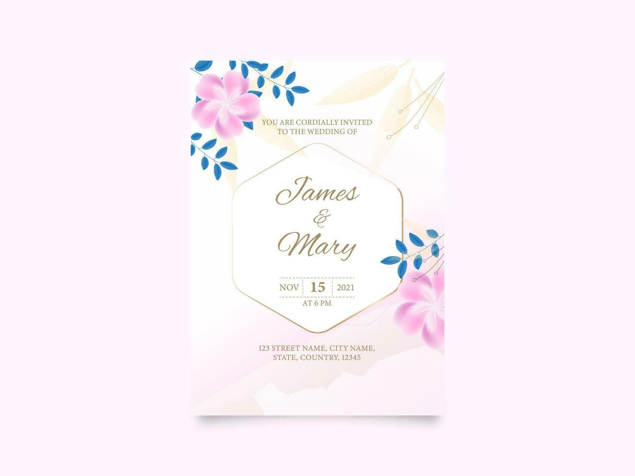 Floral Wedding Invitation Card, Template Design With Event Details. vector