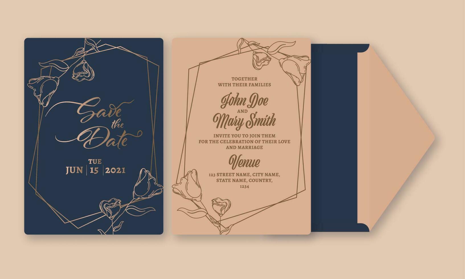 Elegance Wedding Card Template Design With Double-Sides In Blue And Brown Color. vector