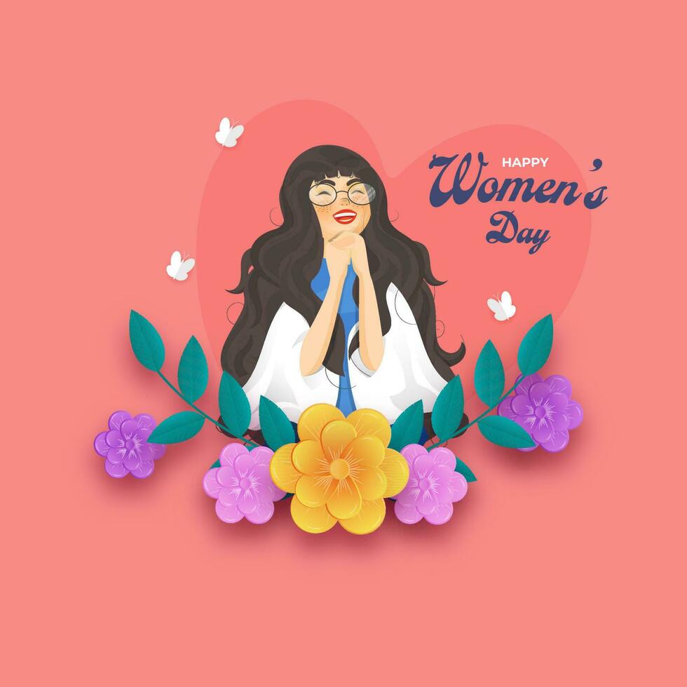 Happy Women's Day Concept With Cheerful Young Girl Character, Flowers, Leaves, Paper Butterflies On Red Background. vector