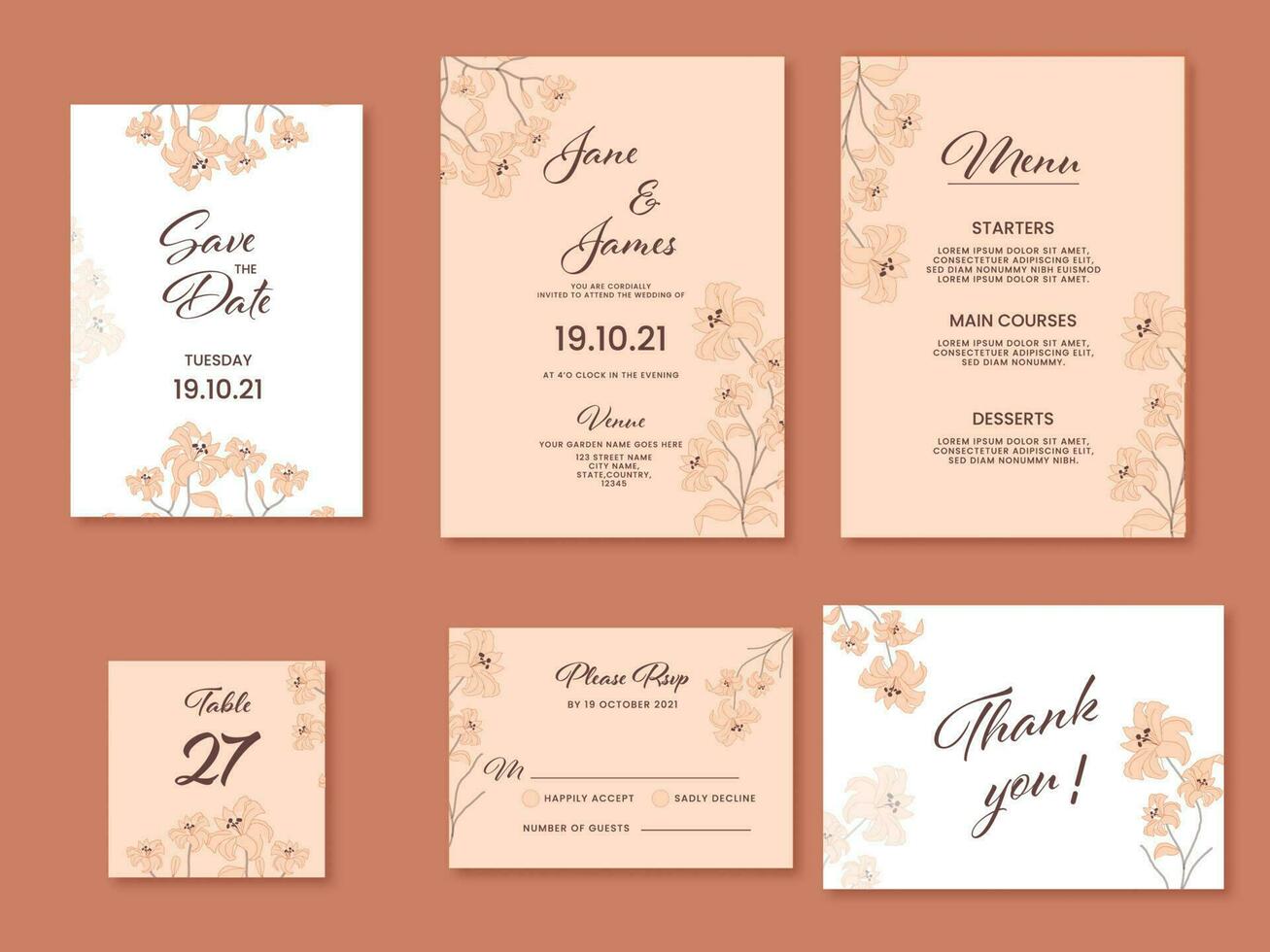 Wedding Invitation Suite Decorated With Lily Flowers In White And Peach Color. vector