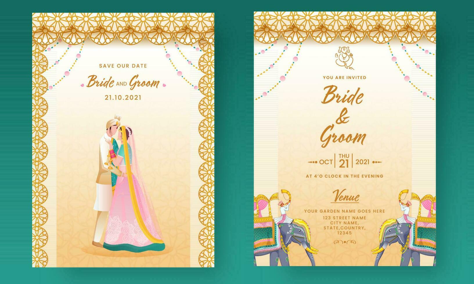 Elegant Wedding Invitation Card With Indian Bridegroom In Front And Back Side. vector