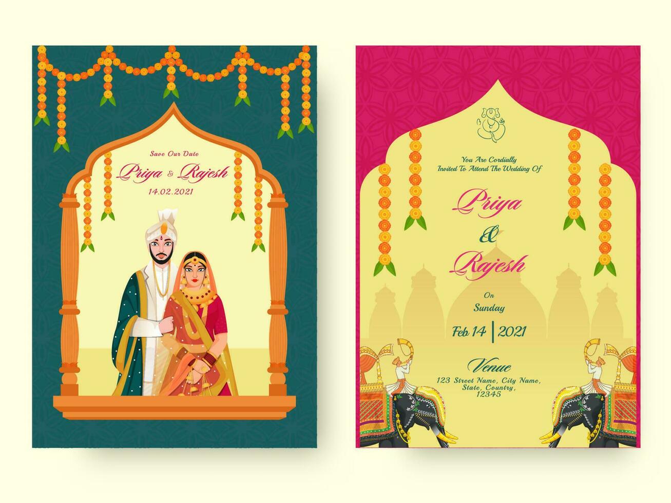 Front And Back View Of Wedding Invitation Card Design With Indian Couple Character In Traditional Attire. vector