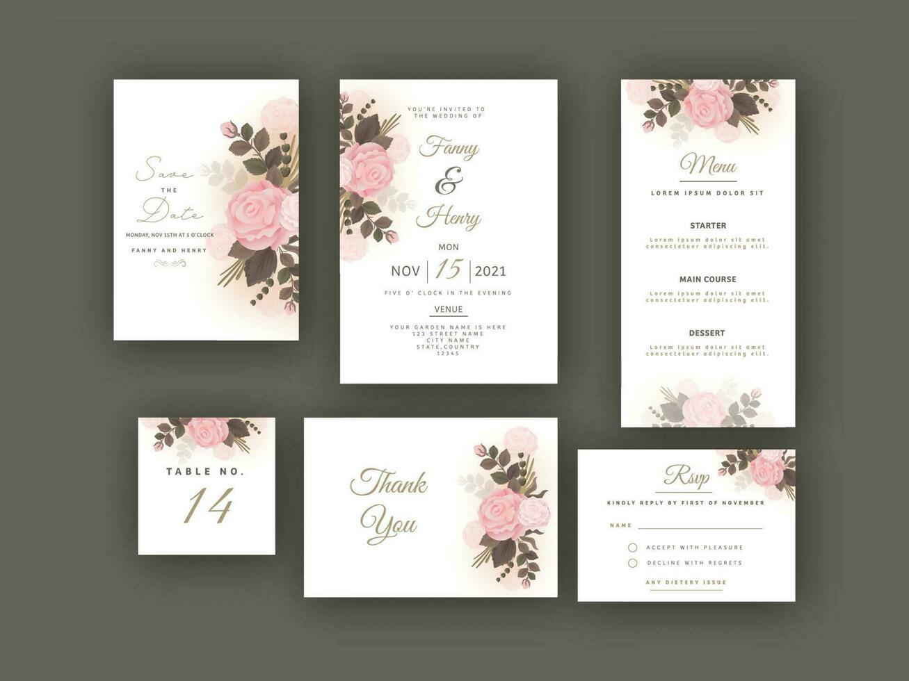 Floral Wedding Suite Template, Card Design In Six Options. vector