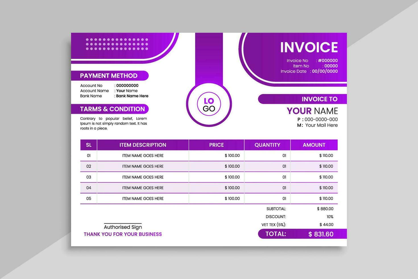 Invoice template with money receipt table vector