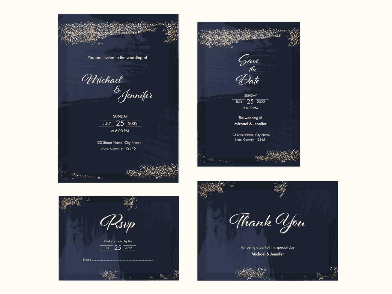 Boda invitación suite con cepillo efecto en azul y dorado color. vector