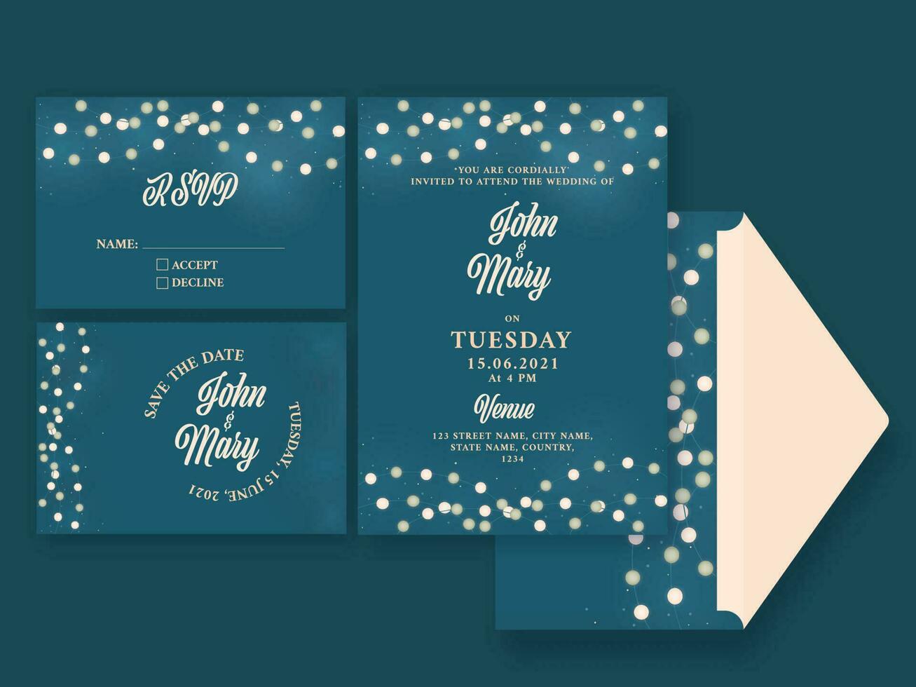 Boda invitación tarjeta conjunto con sobre en azul color. vector