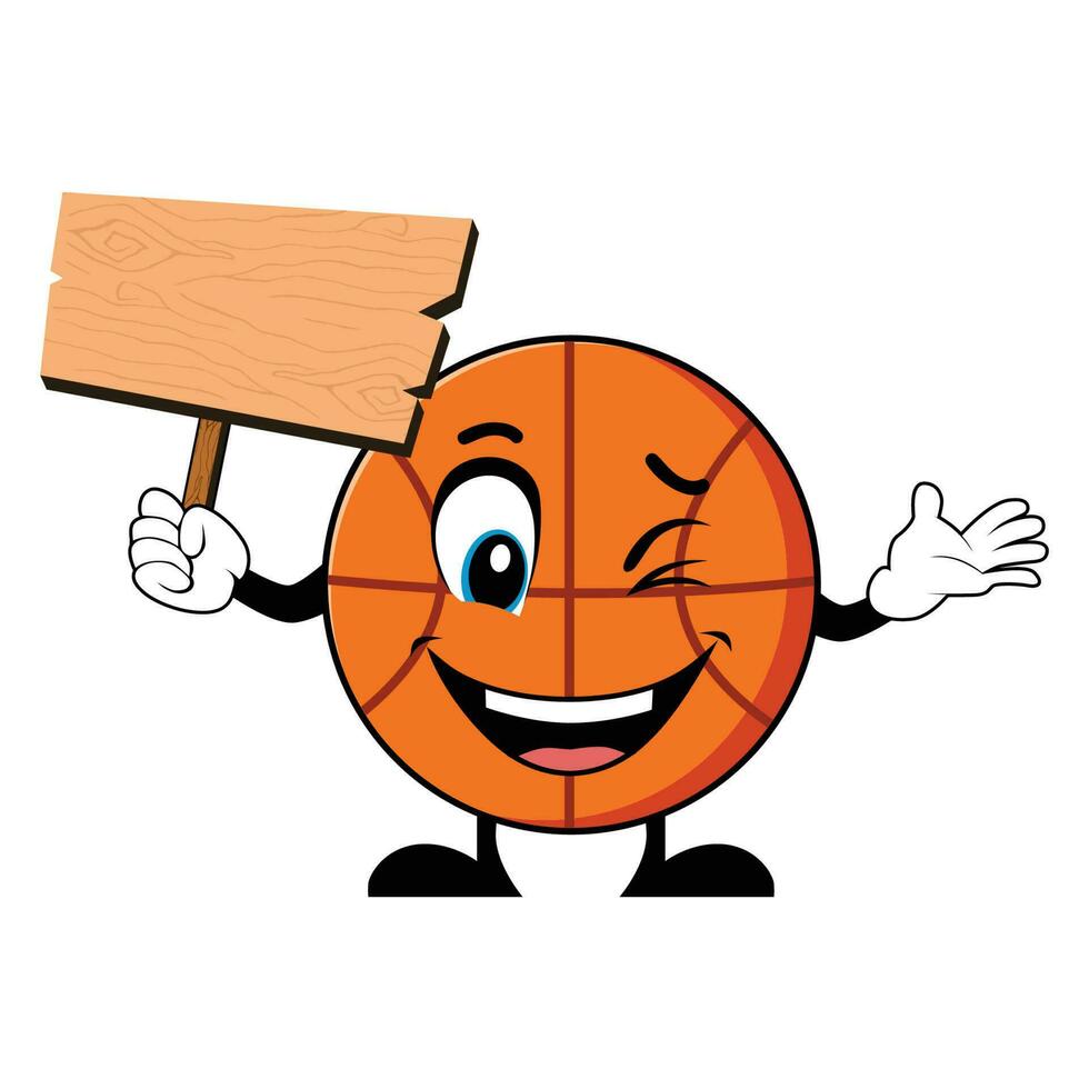 Basketball Mascot Cartoon Holding Up A Blank Wood Sign. Mascot Character vector. vector