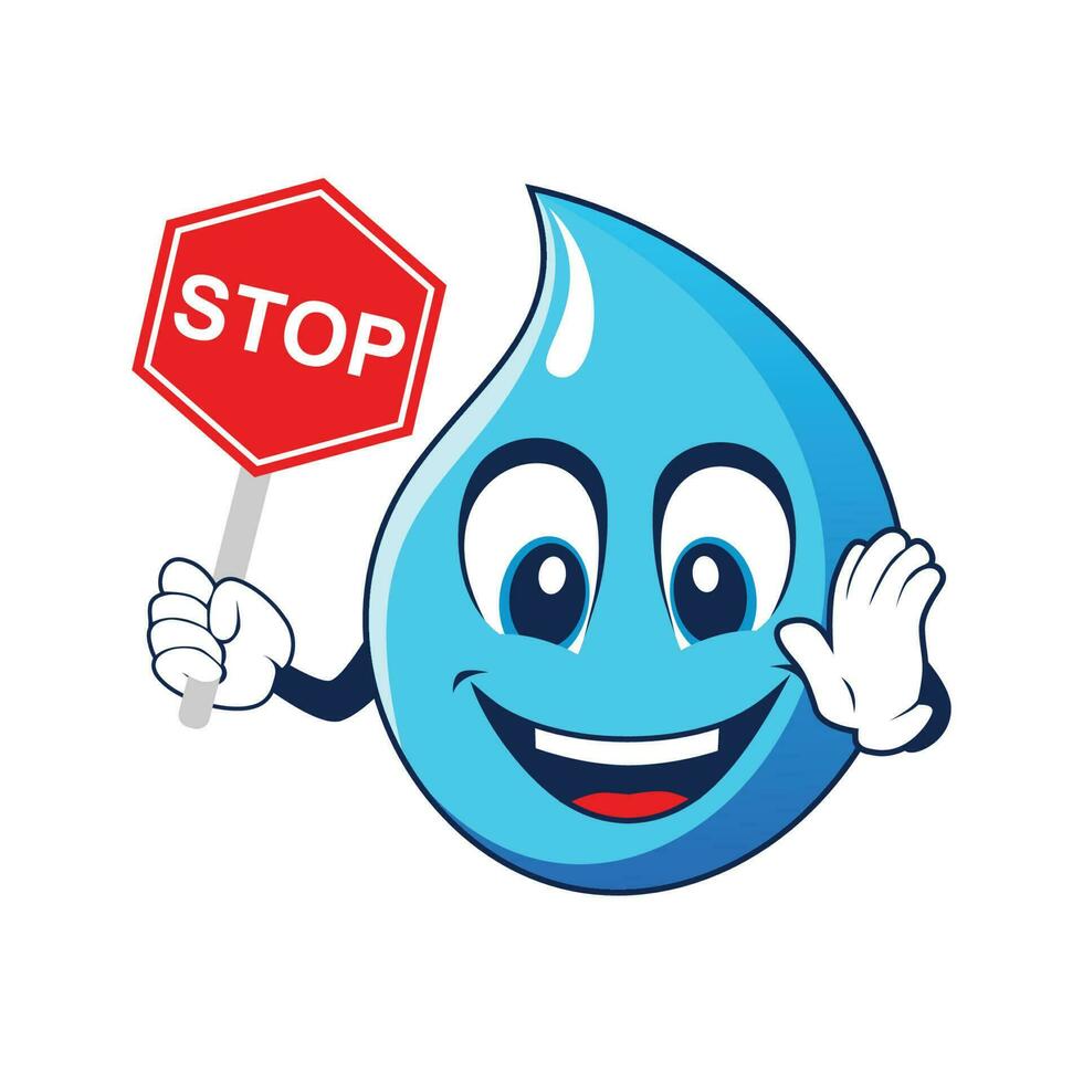 Water drop mascot holding up a Stop sign. Vector illustration isolated on white background