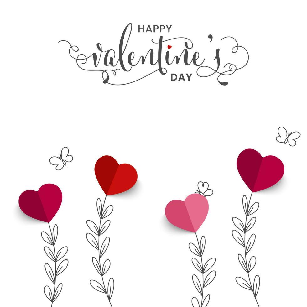 Happy Valentine's Day Font With Line Art Leaves Branch, Butterflies And Paper Hearts On White Background. vector
