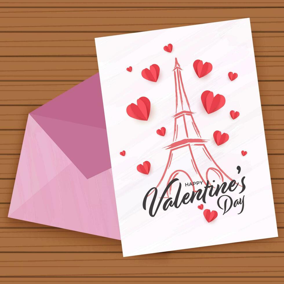 Happy Valentine's Day Greeting Card With Envelope On Brown Wooden Background. vector