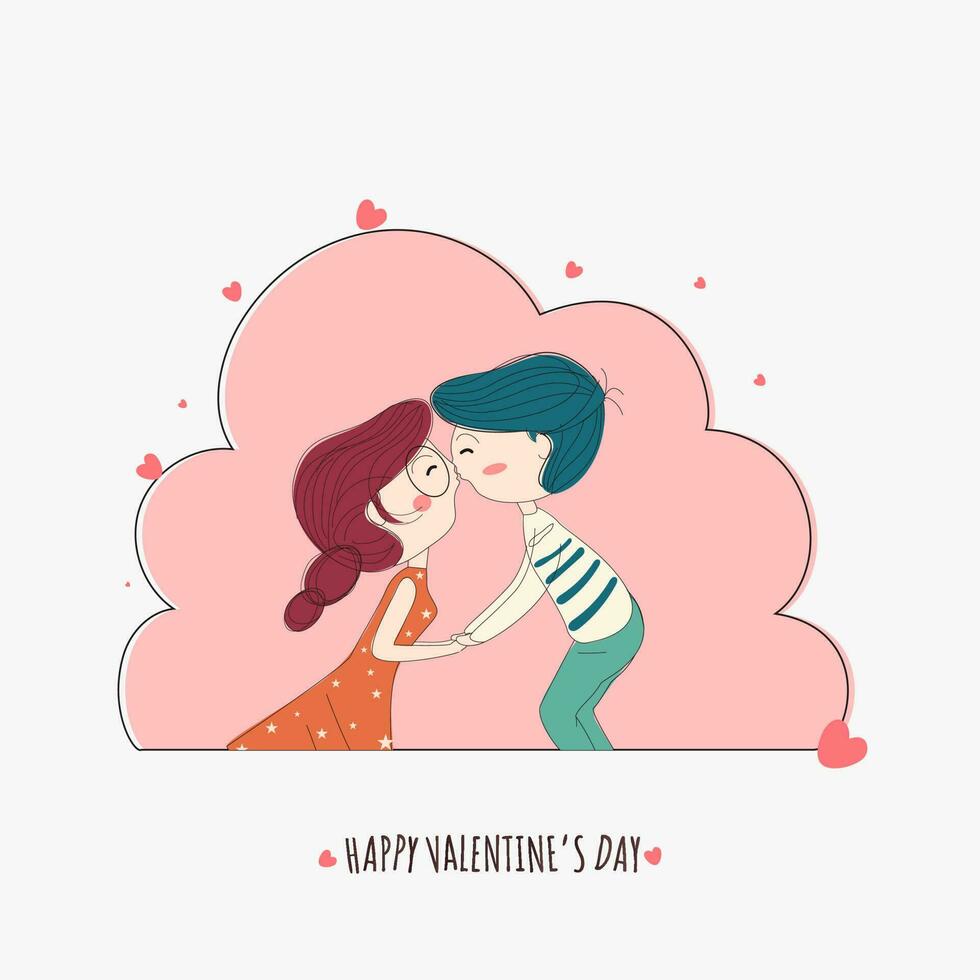 Happy Valentine's Day Font With Young Couple Kissing On Pink And White Background. vector