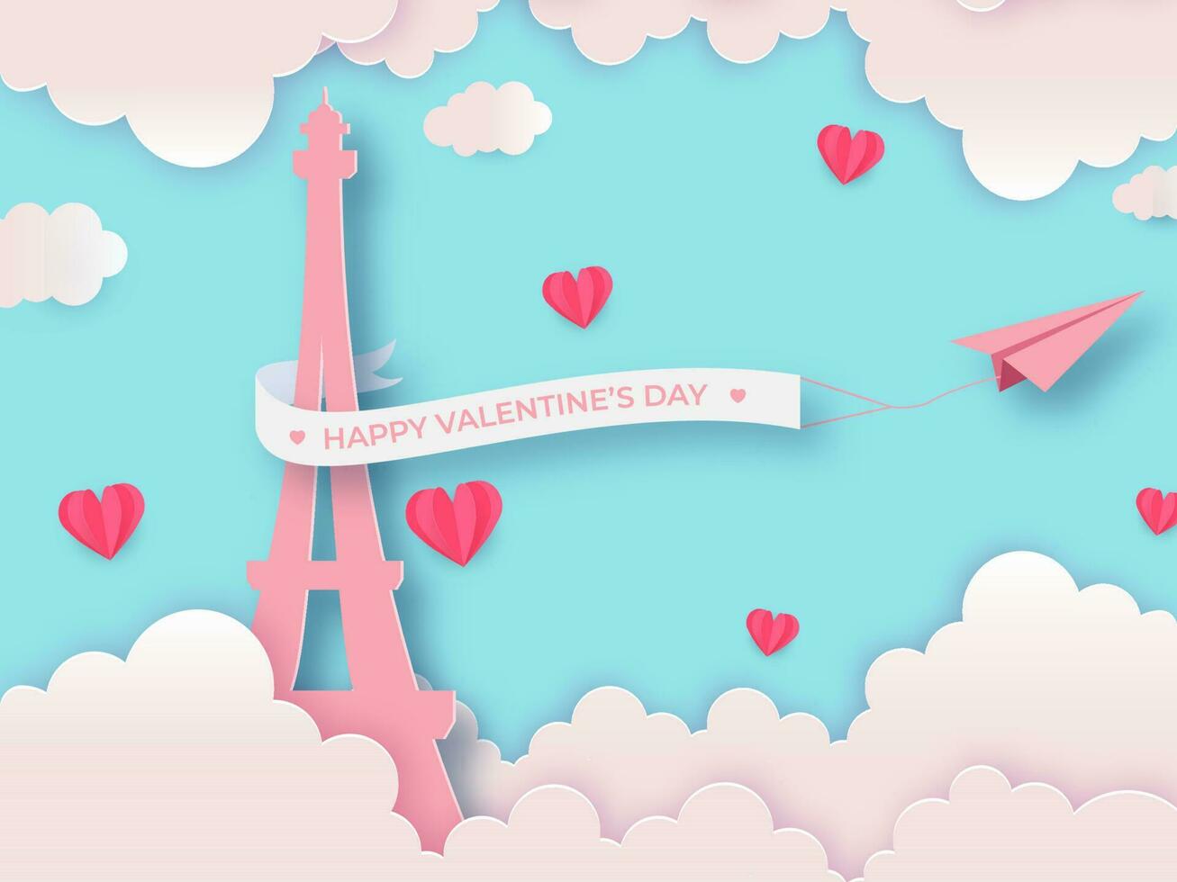 contento San Valentín día texto cinta con papel avión, eiffel torre, corazones y nubes en cielo azul antecedentes. vector