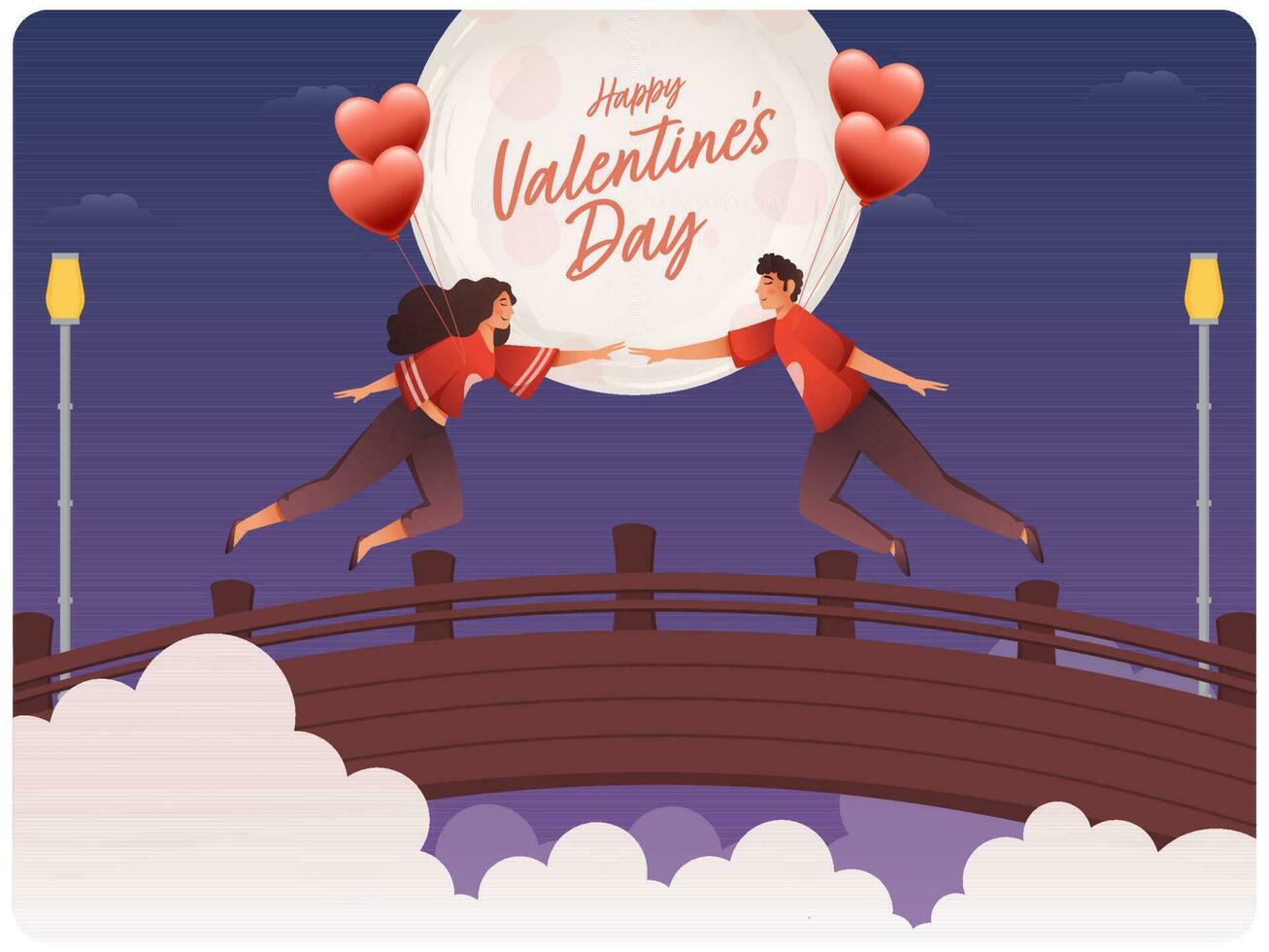Young Romantic Couple Flying With Heart Balloons On Full Moon Bridge Background For Happy Valentine's Day Celebration. vector