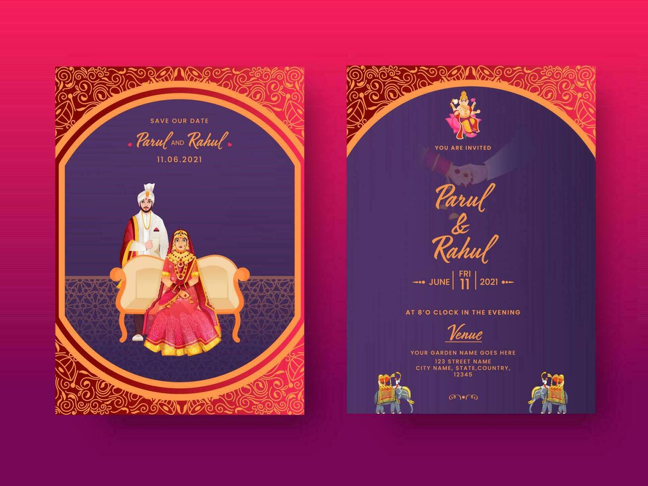 Front And Back View Of Indian Wedding Invitation Card With Hindu Couple Character In Traditional Dress. vector