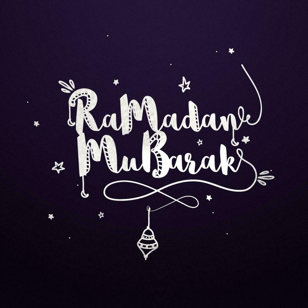 White Ramadan Mubarak Font With Stars, Lantern, Crescent Moon Hang On Purple Background. vector