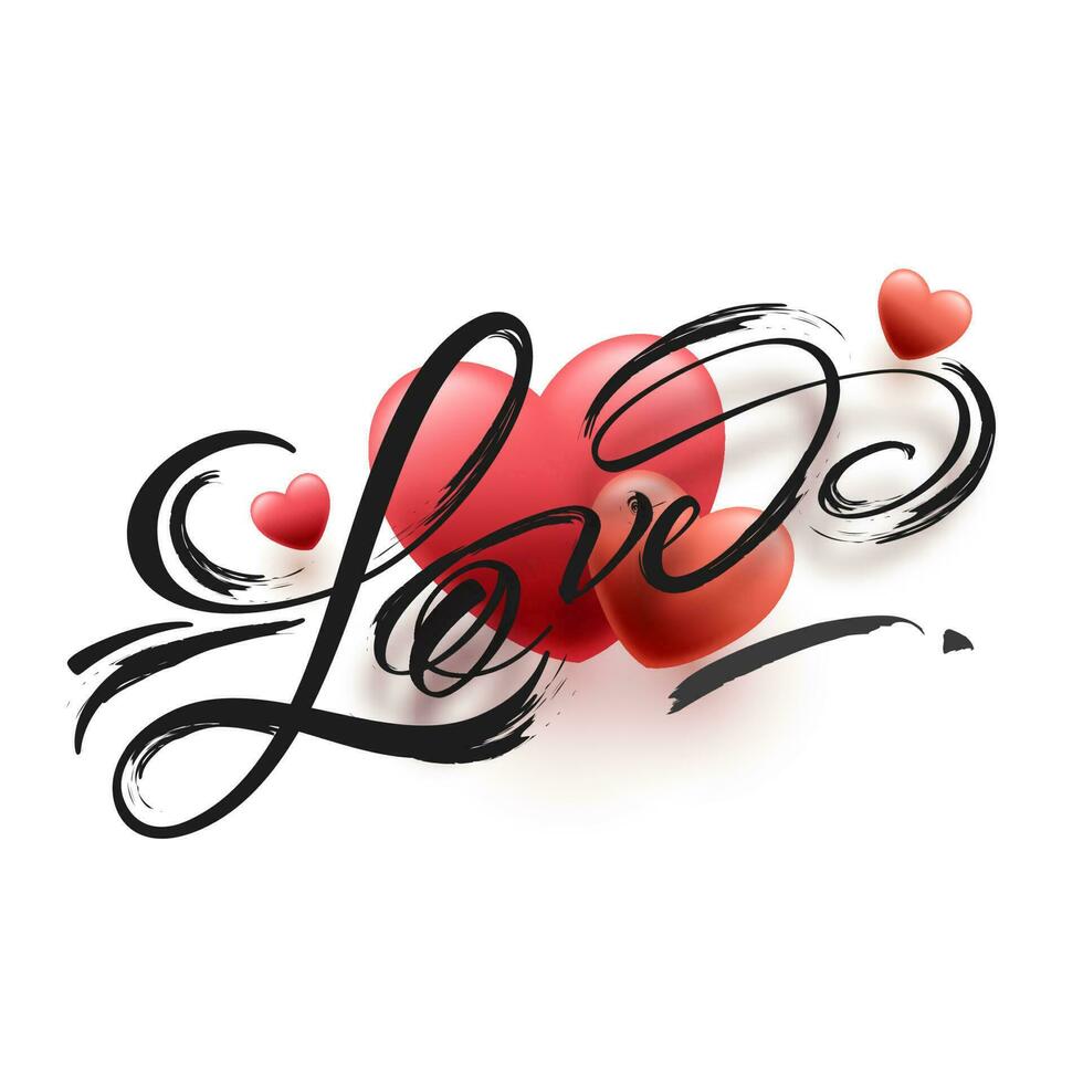 Love Calligraphy Written By Black Paintbrush With 3D Red Hearts On White Background. vector