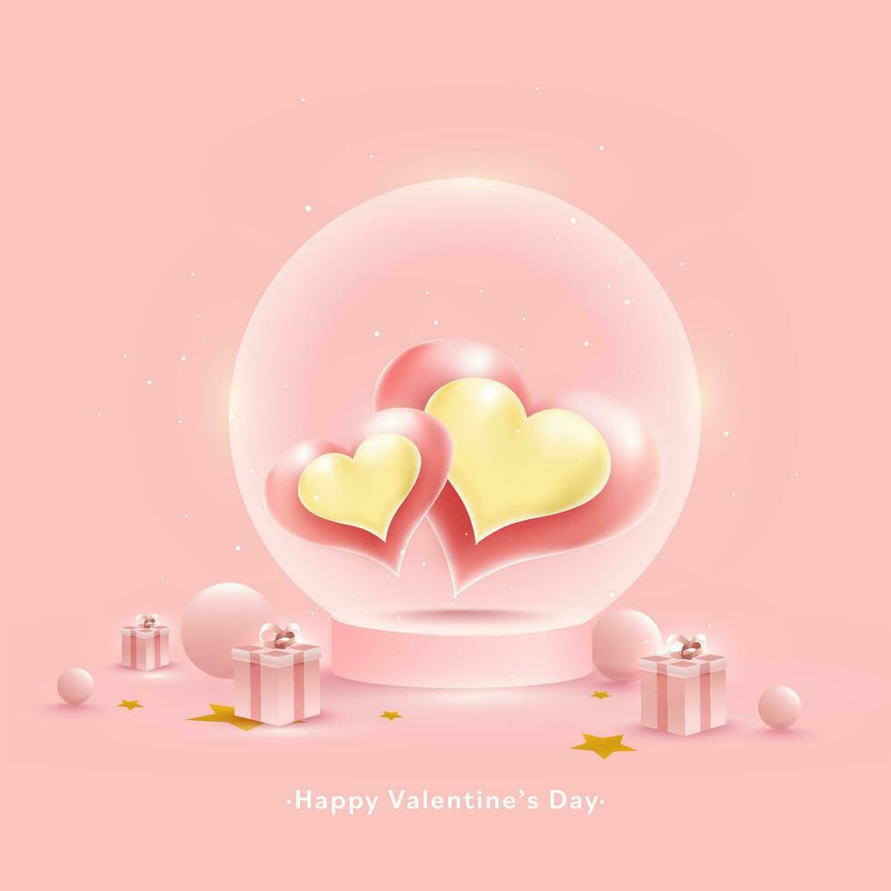 Happy Valentine's Day Concept With Glossy Heart Inside Glass Globe, 3D Balls And Gift Boxes On Pastel Pink Background. vector