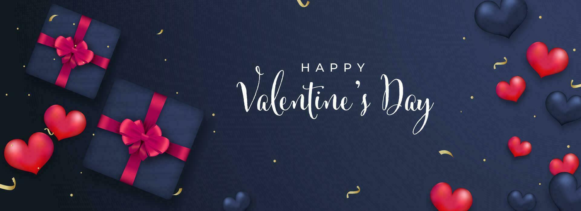 Happy Valentine's Day Font With Top View Of 3D Gift Boxes And Glossy Heart Balloons On Blue Background. vector