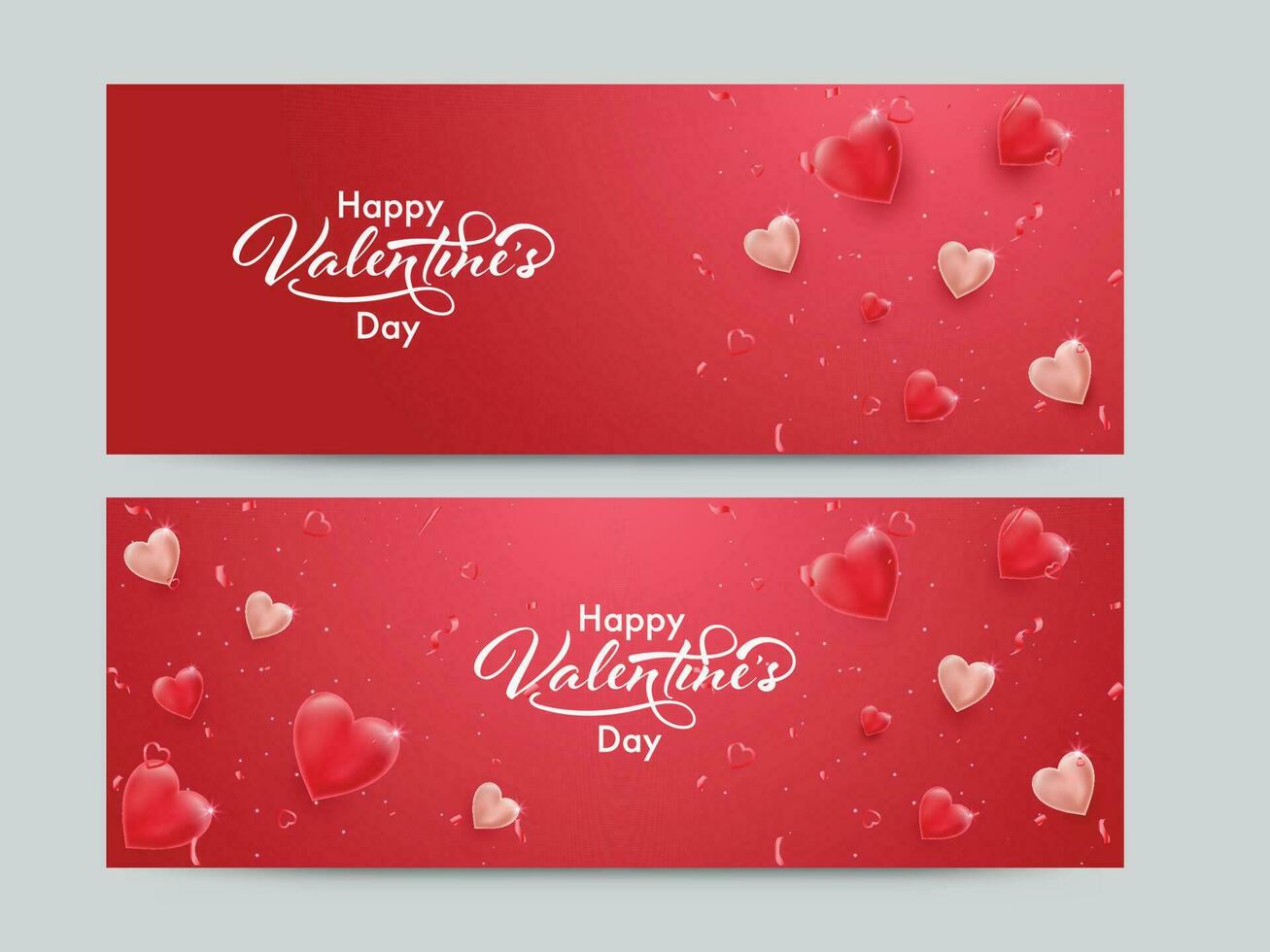 Happy Valentine's Day Font With Glossy Hearts And Confetti Decorated Red Background In Two Options. vector