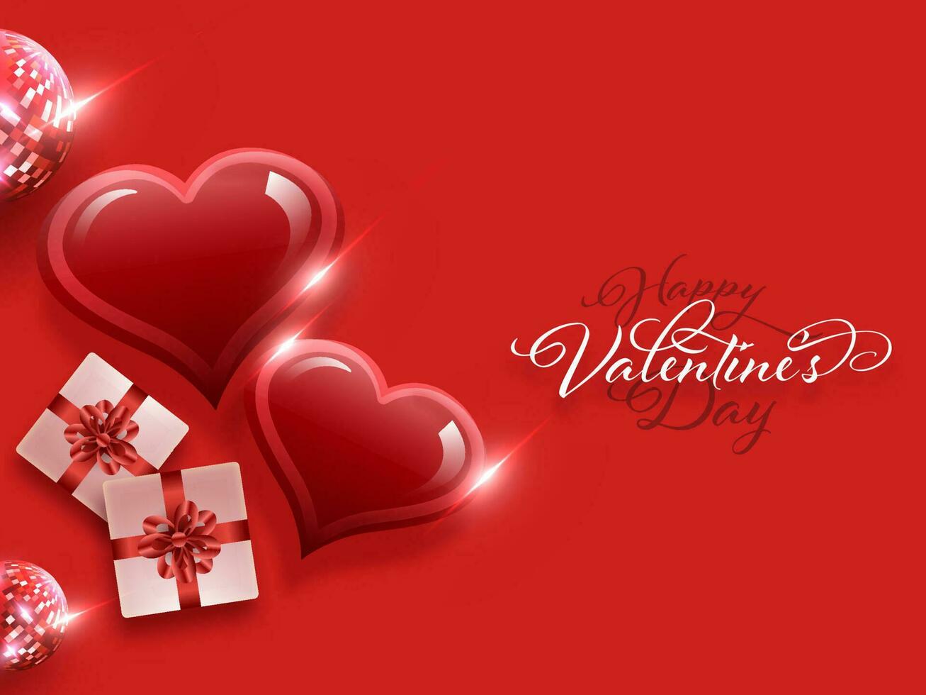 Happy Valentine's Day Calligraphy With Top View Of Glossy Hearts, Gift Boxes And Disco Balls On Red Background. vector