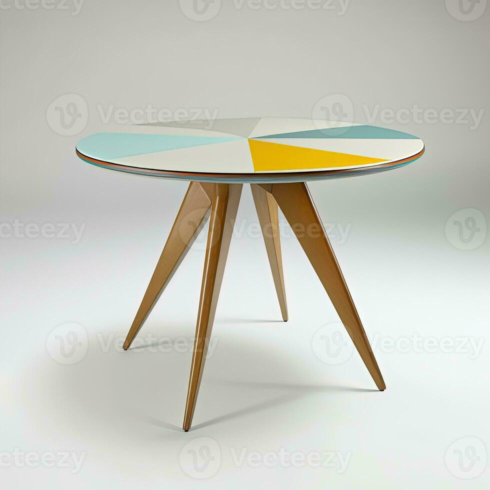 Mid century round coffe table on white background. AI photo