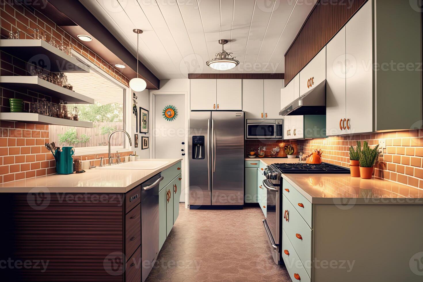 Kitchen interior design in modern mid century style. photo