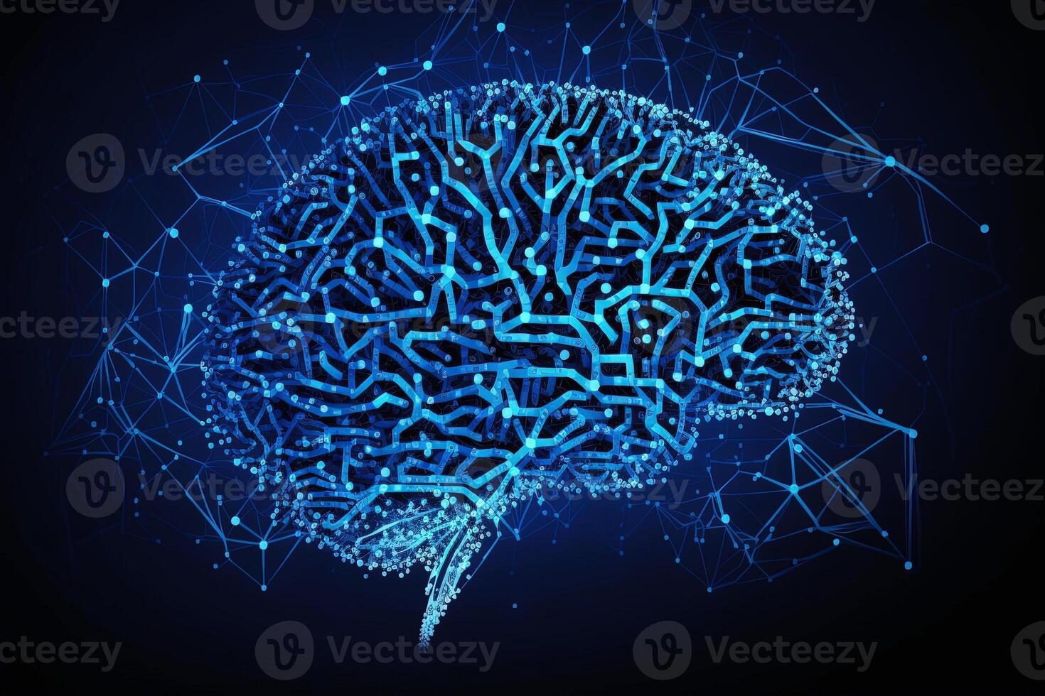 Brain connection network on blue neon abstract background. Generaive AI photo
