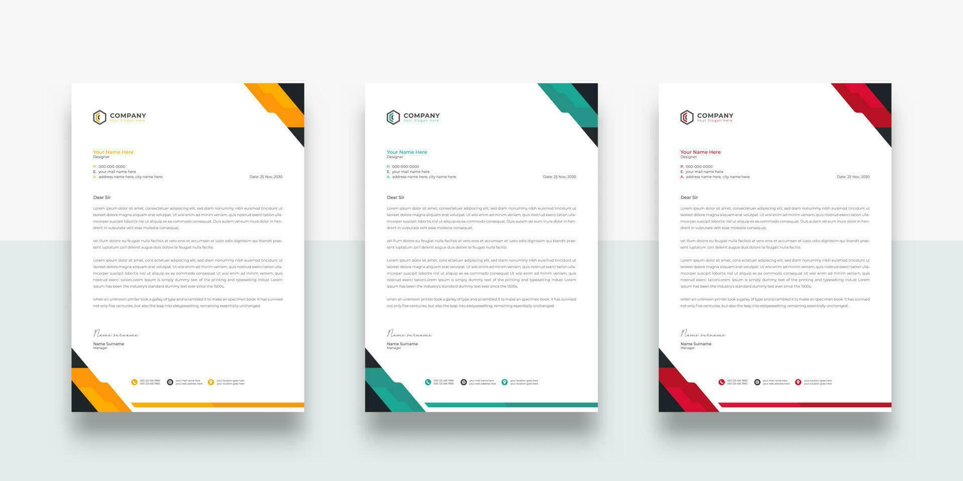Abstract Modern and Creative Corporate Business letterhead design template. Creative letterhead template vector. Three-color variation creative letterhead template design vector