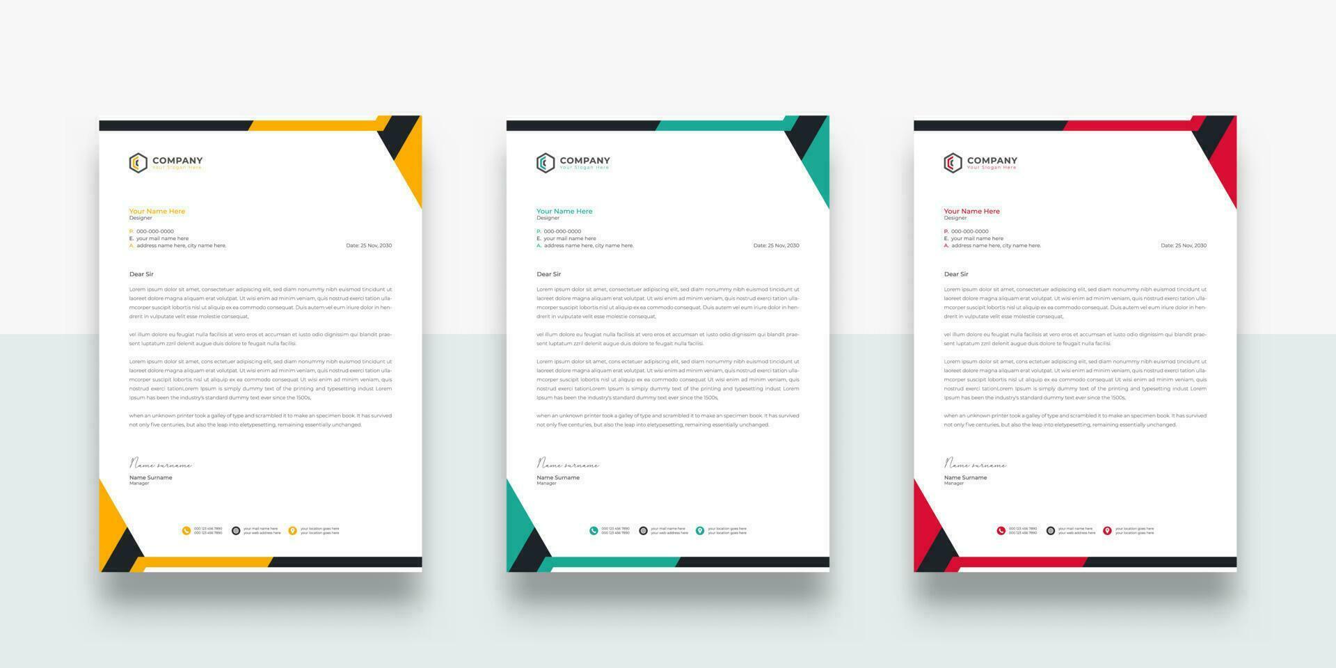 Professional and Clean Creative Corporate Business letterhead design template. Creative letterhead template vector. Three-color variation creative letterhead template design. vector