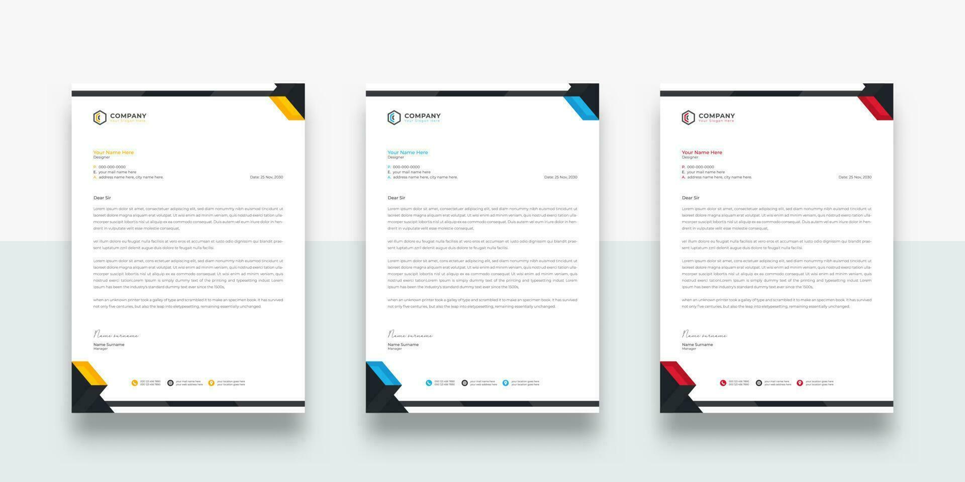 Modern and creative corporate company business letterhead template. Three-color variation creative invoice template design. modern letter head design template for your project. vector