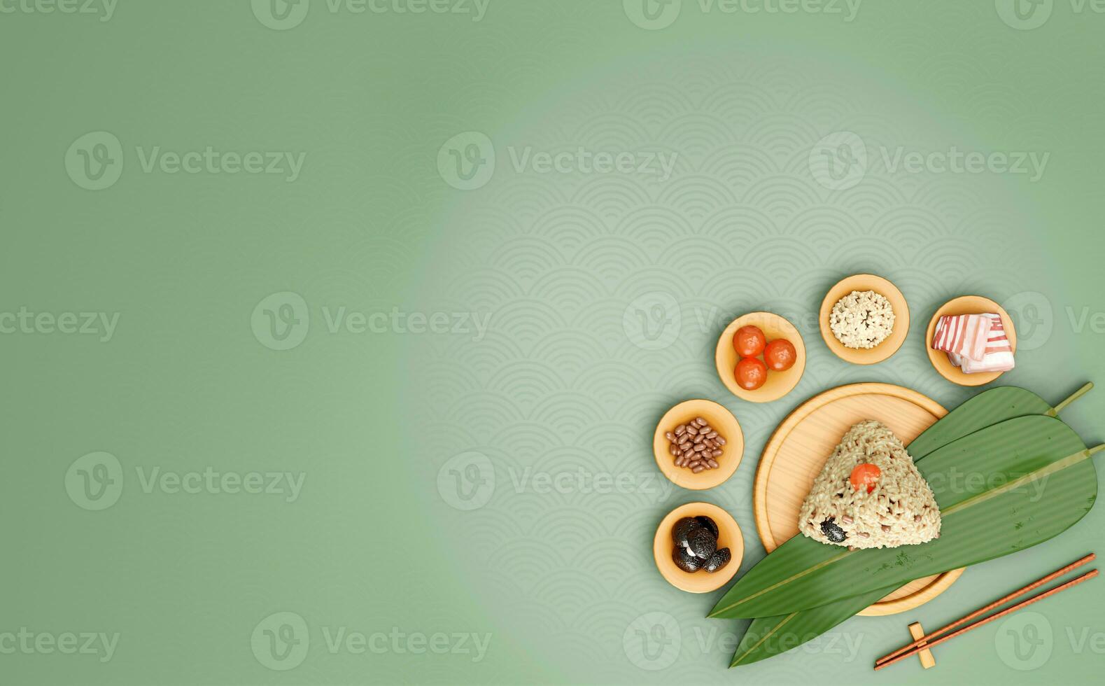 Top view angle, 3D rendering Dragon Boat Festival background with traditional food rice dumplings, realgar wine, glutinous rice, salted egg yolk, etc. photo