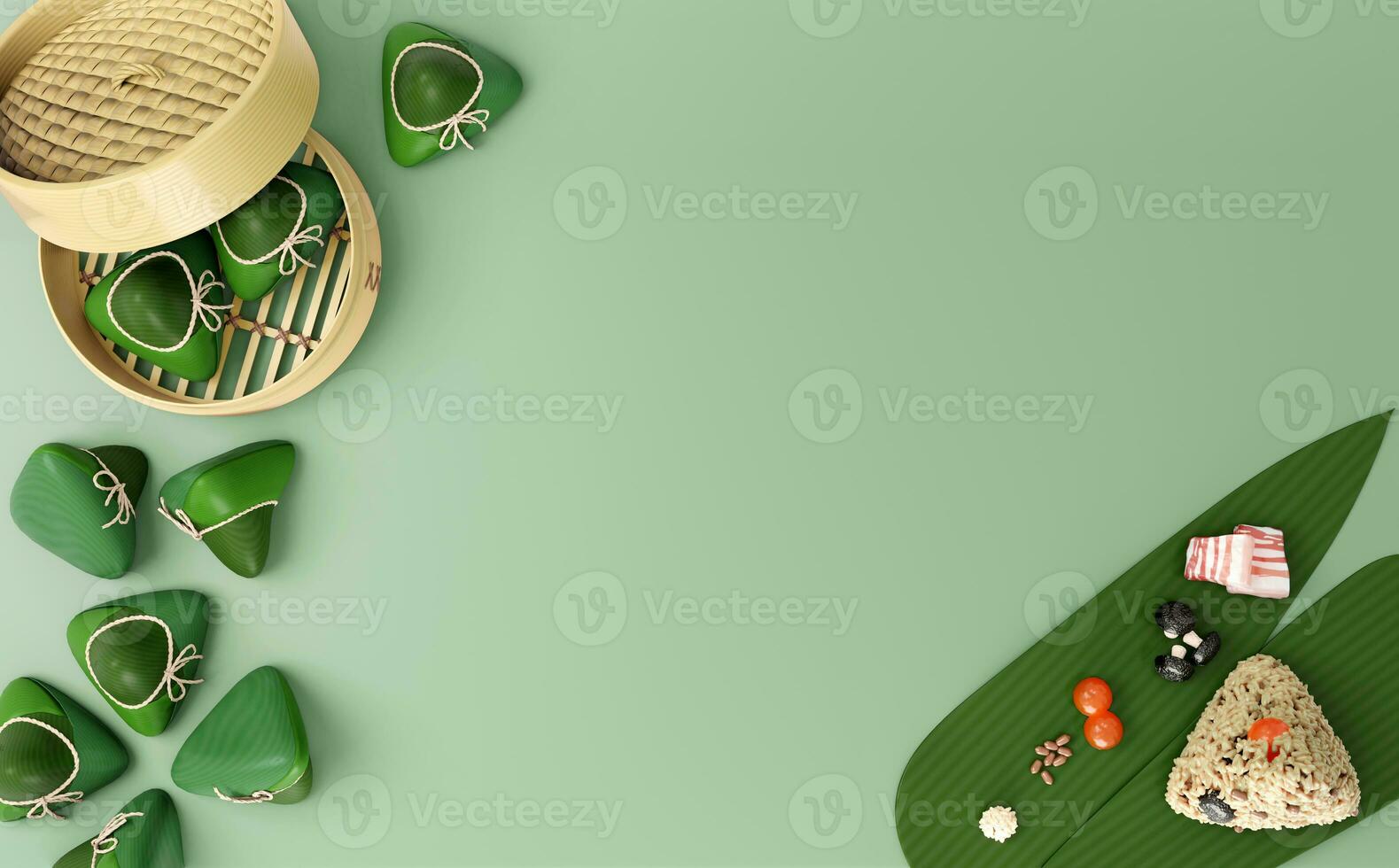 3D rendering Dragon Boat Festival background, there are traditional food dumplings, realgar wine, glutinous rice, salted egg yolk, etc., using 3D rendering photo
