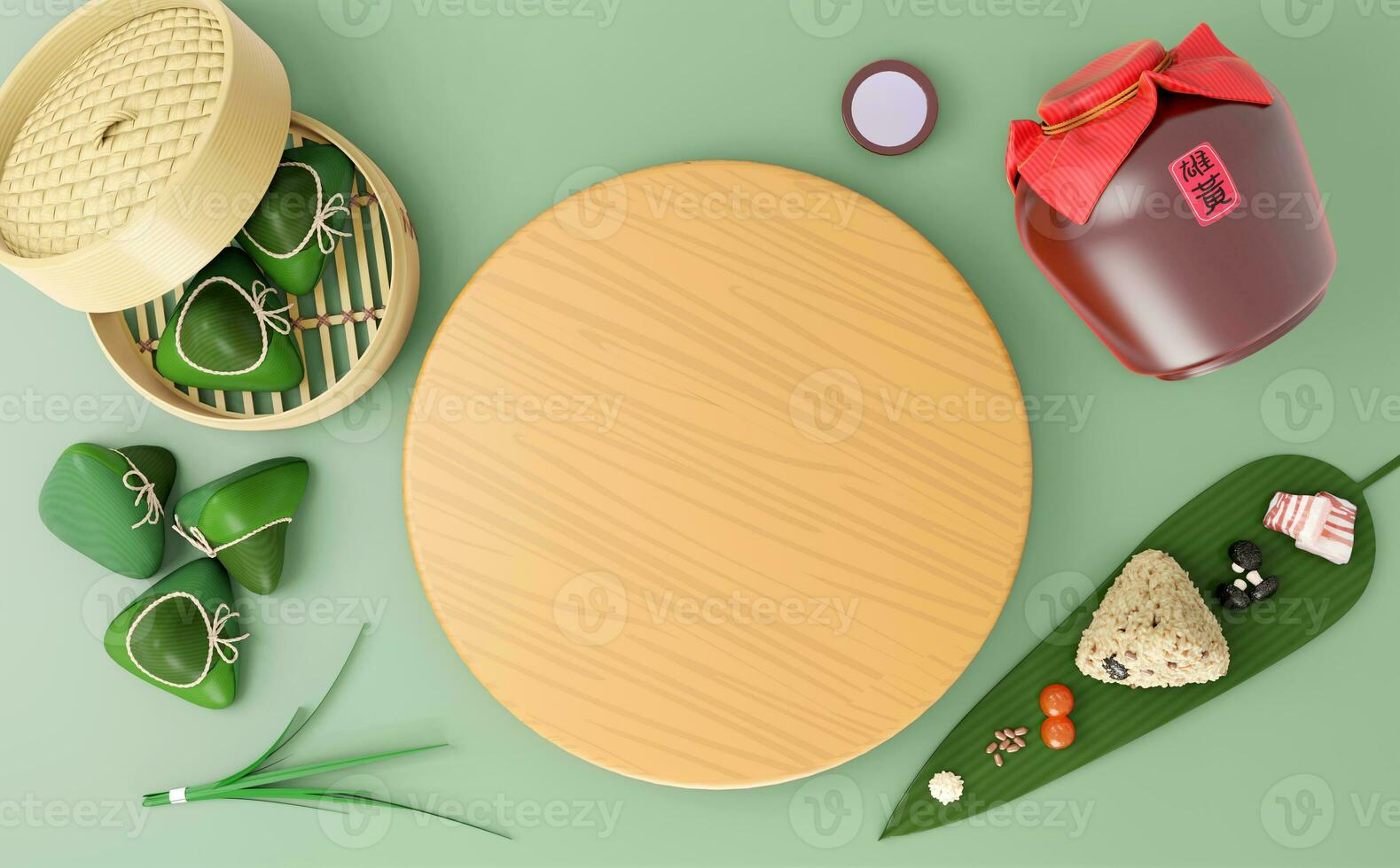 3D rendering Dragon Boat Festival background, there are traditional food dumplings, realgar wine, glutinous rice, salted egg yolk, etc., using 3D rendering photo
