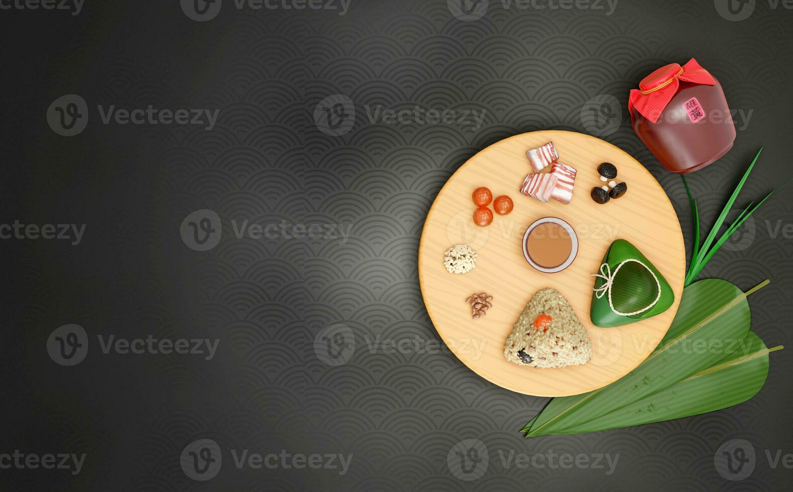 Top view perspective, 3D rendering Dragon Boat Festival background, with traditional food rice dumplings, realgar wine, glutinous rice, salted egg yolk, etc, Chinese characters are realgar wine photo