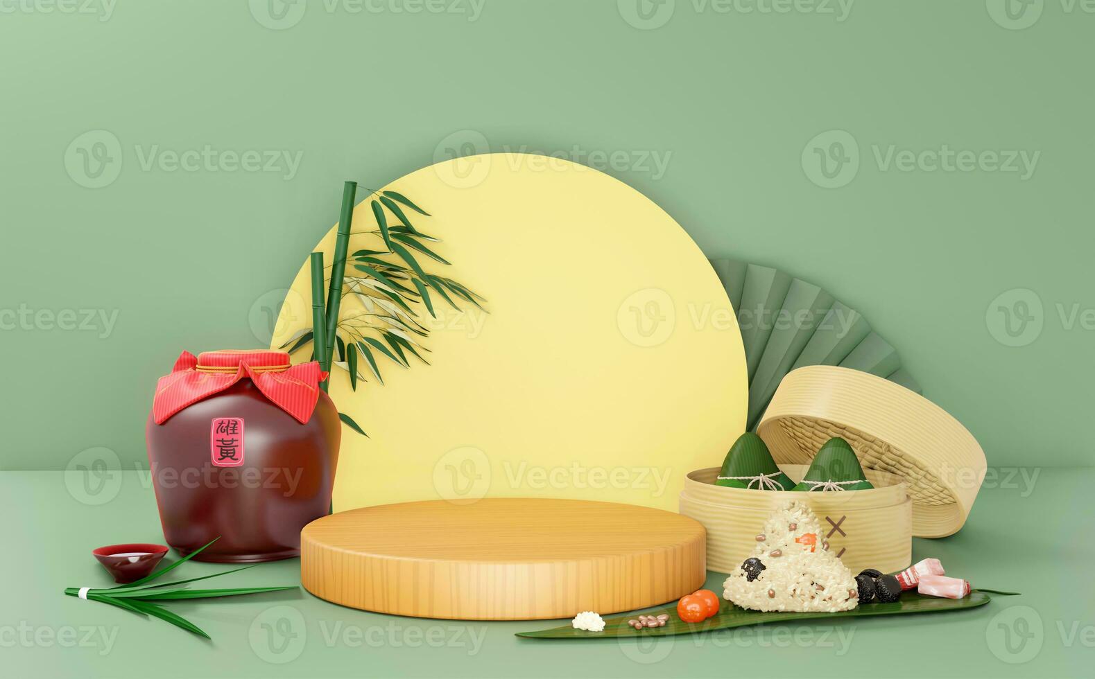 3D rendering Dragon Boat Festival background, there are traditional food dumplings, realgar wine, glutinous rice, salted egg yolk, etc., using 3D rendering photo